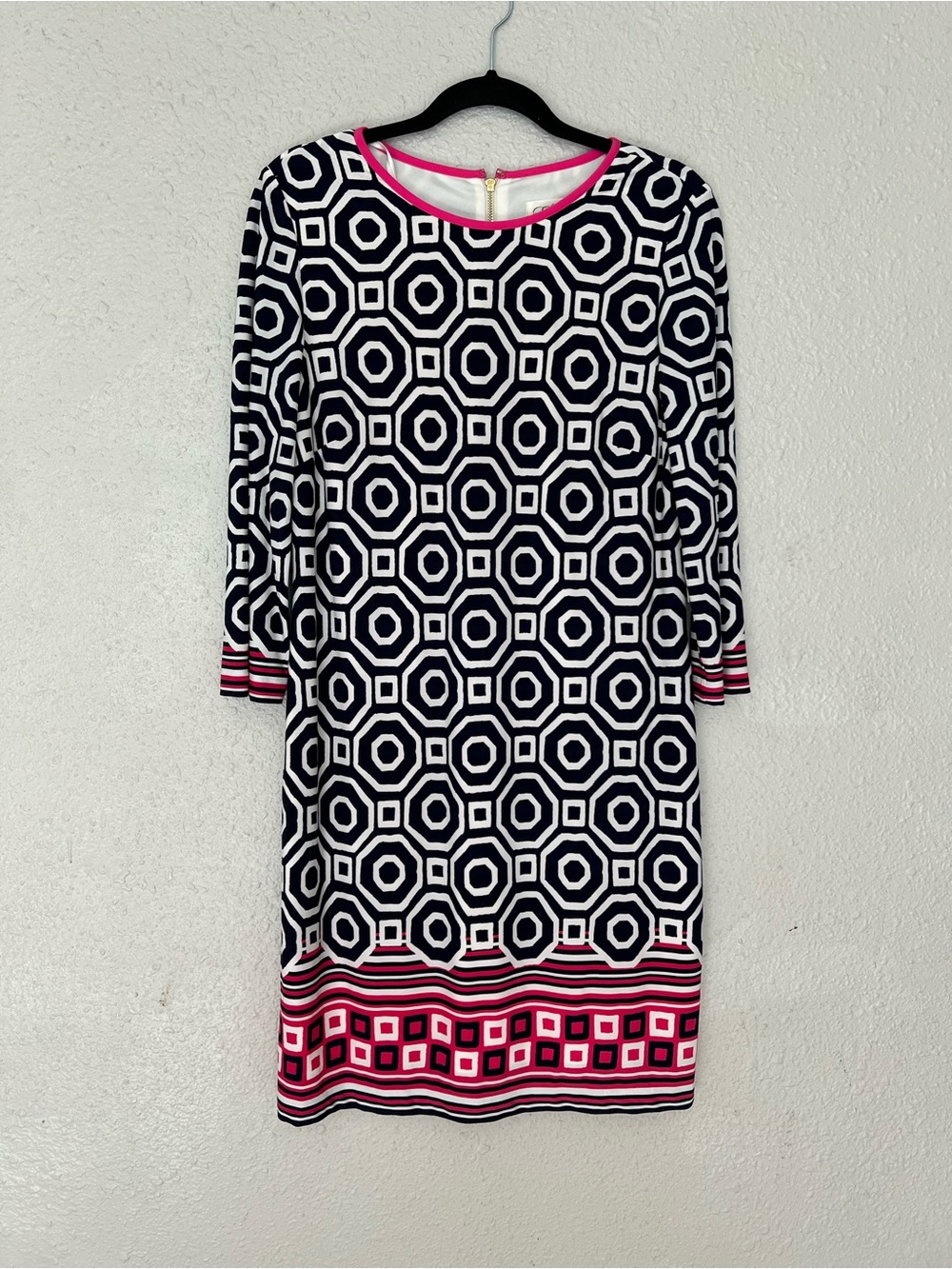 Eliza J Black & White Geometric Long Sleeve Dress with Pink Trim